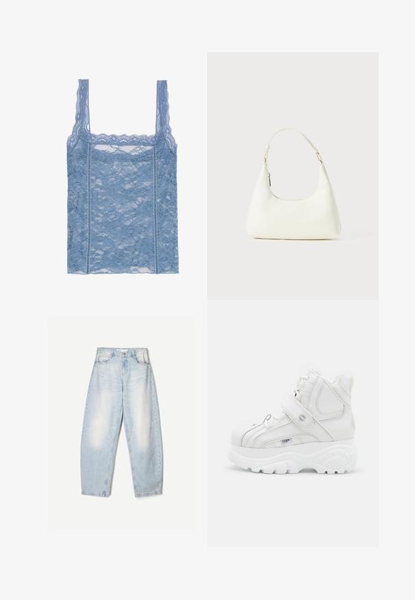 Jasnoniebieski top na ramiączkach z koronką, z cienkimi ramiączkami, z falbaniastym wykończeniem koronkowym i kwiatowym wzorem, zaprojektowany w dopasowanej sylwetce.; Biała koszula zapinana na guziki z klasycznym kołnierzykiem, długimi rękawami i luźnym krojem. Wykonana z lekkiego materiału o gładkiej fakturze.; Jasnoniebieskie dżinsy o luźnym kroju, z wyblakłym wykończeniem, dwoma przednimi kieszeniami i zapięciem na guzik w talii.; Białe, wysokie trampki wykonane ze skóry, z paskiem na klamrę, okrągłym noskiem, grubą podeszwą i pionowymi detalami szwów.; Mała biała torba na ramię z jednym regulowanym paskiem i zamknięciem na zamek, na jednolitym białym tle.