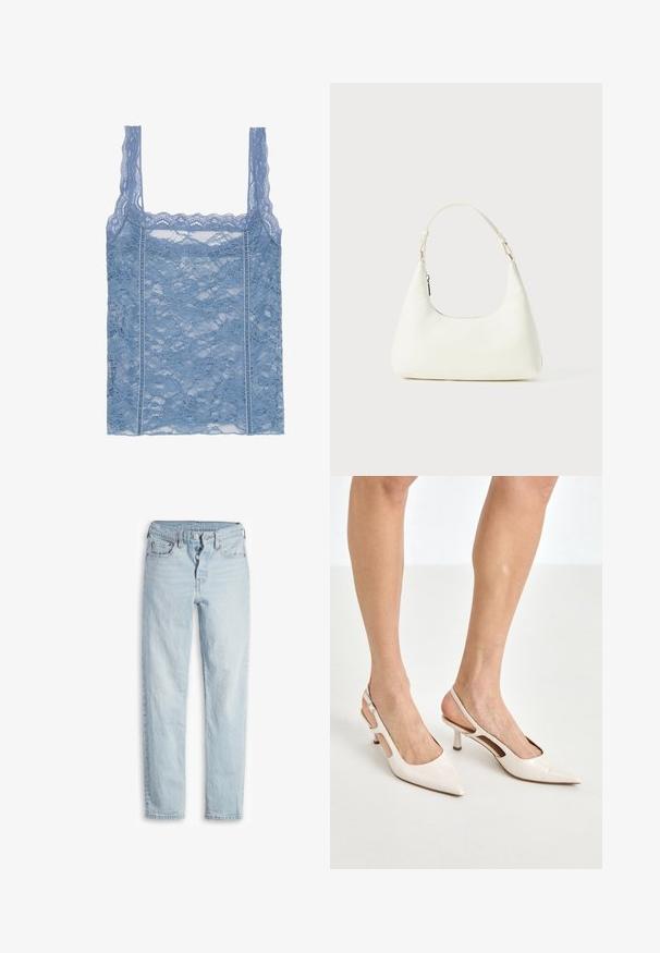 Top corto in pizzo azzurro chiaro con sottili spalline, dotato di un orlo in pizzo ondulato e un motivo floreale, progettato per una silhouette aderente.; Camicia bianca con colletto classico, maniche lunghe e vestibilità rilassata. Realizzata in tessuto leggero con una superficie liscia.; Jeans in denim blu chiaro con vita alta, design a cinque tasche, chiusura con bottone e gamba dritta. Presentano una leggera scoloritura e una finitura testurizzata.; Tacchi slingback in pelle lucida beige con punta affusolata e tacco di 5 cm, caratterizzati da lati traforati e una sottile fascia alla caviglia.; Piccola borsa a spalla bianca con una singola tracolla regolabile e chiusura a zip, su uno sfondo bianco uniforme.