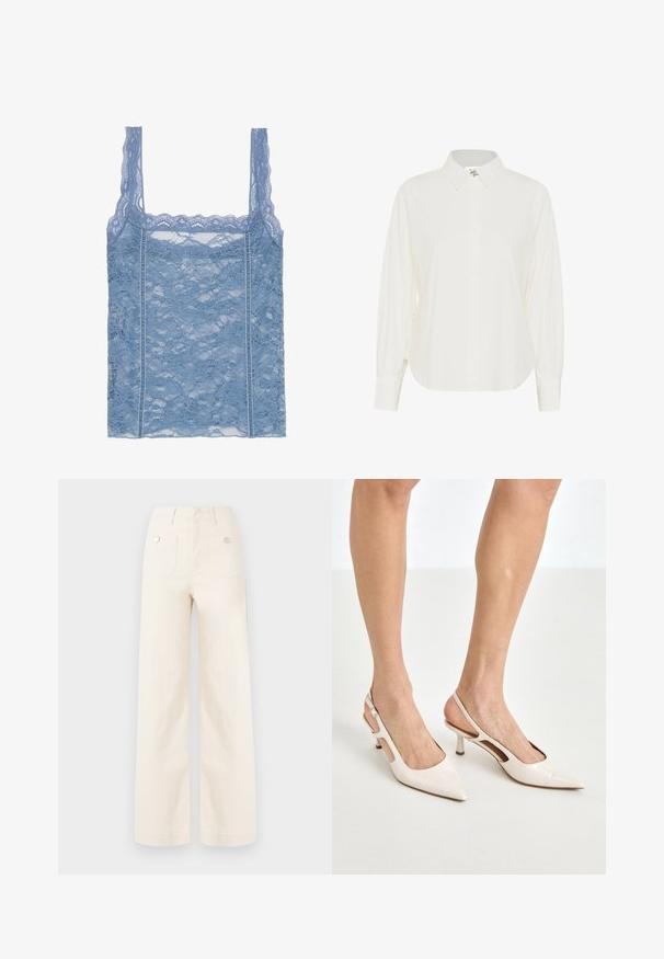 Világoskék csipkés ujjatlan felső vékony pántokkal, fodros csipke díszítéssel és virágmintával, amely a body-hugging sziluettet hangsúlyozza.; Fehér, klasszikus galléros, gombos ing, hosszú ujjaival és laza szabással. Könnyű anyagból készült, sima textúrával.; Széles lábú nadrág, elefántcsont színű pamutból. Magas derékkal rendelkezik, hátul két zseb található fém gombokkal, és tiszta, sima textúrája van.; Beige patent bőr slingback magassarkúk hegyes orral és 5 cm-es sarokkal, kivágott oldalakkal és vékony bokapánttal.
