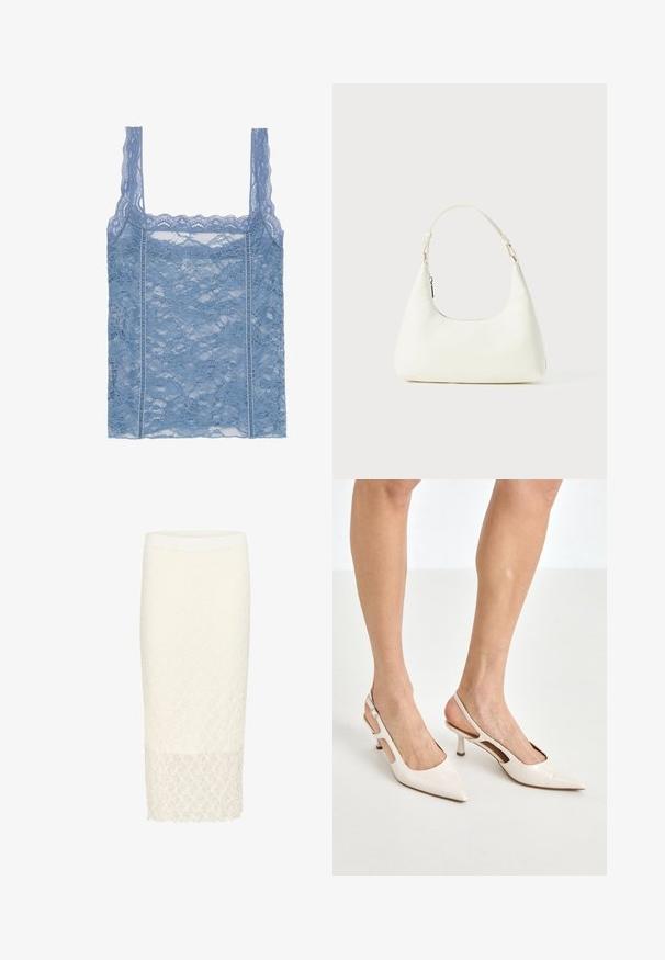 Lichtblauw kant topje met dunne bandjes, voorzien van een gegolfde kantafwerking en bloemenpatroon, ontworpen voor een strakke pasvorm.; Witte kanten kokerrok met een gestructureerd bloemenpatroon, met een lengte tot de knie en een stevige tailleband. Soepele afwerking aan de zoom.; Beige gepatineerde leren slingback hakken met een spitze neus en een hak van 5 cm, met uitsparingen aan de zijkanten en een dunne enkelband.; Kleine witte schoudertas met een enkele verstelbare schouderband en een ritsafsluiting, geplaatst tegen een effen witte achtergrond.