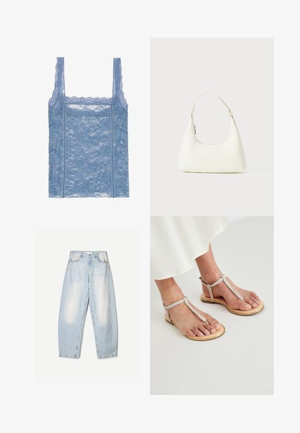 Light blue lace tank top with thin straps, featuring a scalloped lace trim and floral pattern, designed for a fitted silhouette.; Light blue denim jeans with a loose fit, featuring a faded finish, two front pockets, and a button closure at the waistband.; Flat sandals feature a light tan leather sole with a gold trim. The straps are silver with a textured finish, securing at the ankle.; Small white shoulder bag with a single adjustable strap and a zipper closure, set against a plain white background.