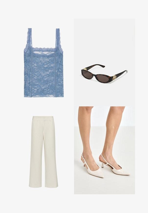 Camisola de renda azul clara com alças finas, apresentando um acabamento em renda com bainha em zig-zag e um padrão floral, desenhada para um silhueta ajustada.; Calças de perna larga em tecido creme com riscas verticais subtis, apresentando uma cintura plana e passantes para cinto. Textura suave sem bolsos.; Saltos slingback de verniz bege com bico fino e salto de 5 cm, apresentando lados recortados e uma tira fina no tornozelo.; Óculos de sol de tartaruga com lentes ovais alongadas, tom castanho, acentos de logotipo dourado nas hastes e hastes pretas elegantes.