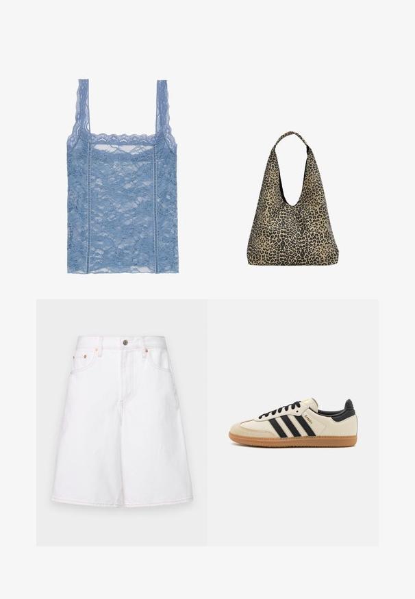 Svetlo modra čipkasta majica brez rokavov z tankimi naramnicami, ki ima obrobo s pisanjem in cvetlični vzorec, zasnovana za oprijet kroj.; GAP JORT - Kratke hlače - optic white; Bež športna čevlja z črnimi črtami, gumijastim podplatom in črnimi detajli. Imajo gladko usnjeno zgornji del in obliko zaobljenega prsta.; PULL&BEAR Torba za nakupovanje - mottled dark brown