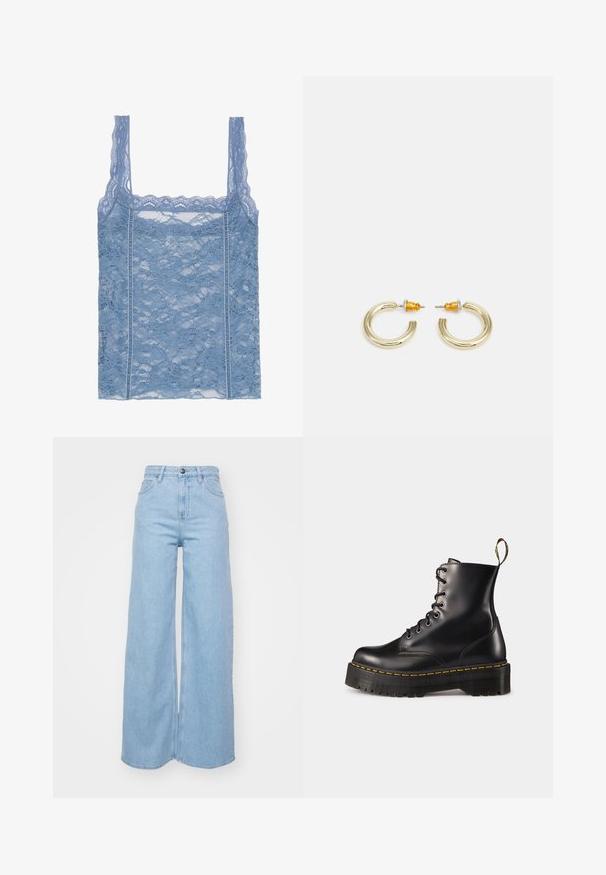 Top de tirantes finos de encaje azul claro, con un borde de encaje en forma de ondas y un patrón floral, diseñado para una silueta ajustada.; Lee STELLA - Vaqueros boyfriend - inner magic; Botas de tobillo negras de cuero con cordones, con una suela negra gruesa y costuras amarillas. Presentan una lengüeta en la parte trasera y ojales metálicos circulares.; Pendientes de aro en tono dorado con una forma suave y redondeada y un acabado pulido. Presentan acentos naranjas en la parte trasera para un ajuste seguro.
