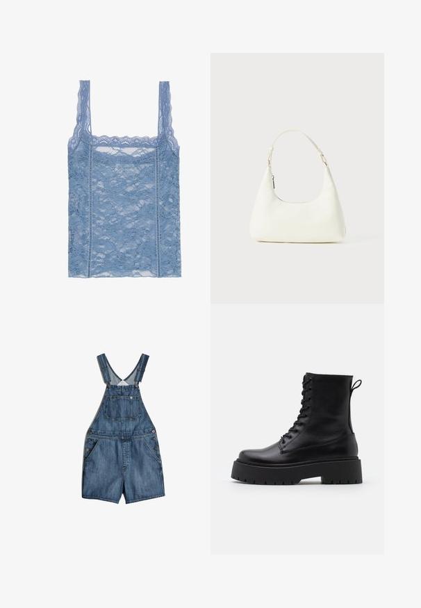 Light blue lace tank top with thin straps, featuring a scalloped lace trim and floral pattern, designed for a fitted silhouette.; Denim overalls in medium blue, featuring adjustable straps, front bib pocket, and side button closures. The material has a smooth texture.; Black leather ankle boots with a round toe, lace-up front, and a thick rubber sole featuring a textured tread. Pull tab at the back.; Small white shoulder bag with a single adjustable strap and a zipper closure, set against a plain white background.