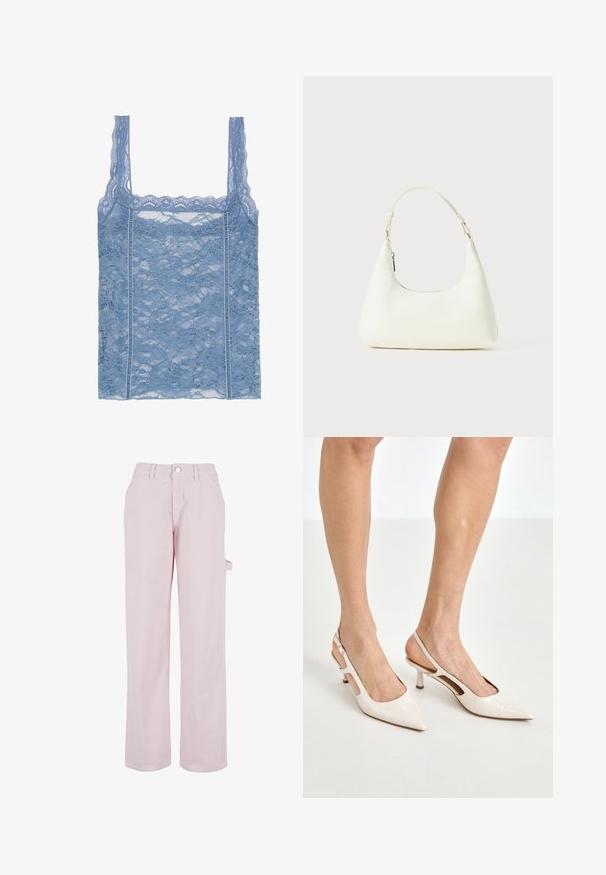 Lyseblå blondetopp med tynne stropper, med en bølget blondedekor og blomsterdesign, laget for en tettsittende silhuett.; Lys rosa bomullbukser med rett snitt, med knappelukking og side cargo-lomme. Glatt tekstur og minimale designdetaljer.; Beige patent lærstøvletter med spidse tå og 5 cm hæl, med udskårne sider og en tynd ankelrem.; Liten hvit skulderveske med en justerbar stropp og glidelås, satt mot en enkel hvit bakgrunn.