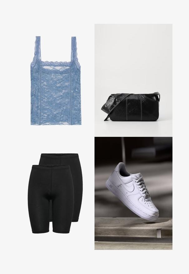 Top corto in pizzo azzurro chiaro con sottili spalline, dotato di un orlo in pizzo ondulato e un motivo floreale, progettato per una silhouette aderente.; Due paia di pantaloni corti compressivi neri, realizzati in tessuto elasticizzato, con una superficie liscia, vita elasticizzata e design aderente.; Sneaker bianca Nike Air Force 1 che levita sopra una superficie in cemento con ombre in un ambiente minimalista.; Borsa a spalla in pelle nera con chiusura a zip, caratterizzata da un corpo testurizzato, cuciture bianche e una tracolla con occhielli in argento.