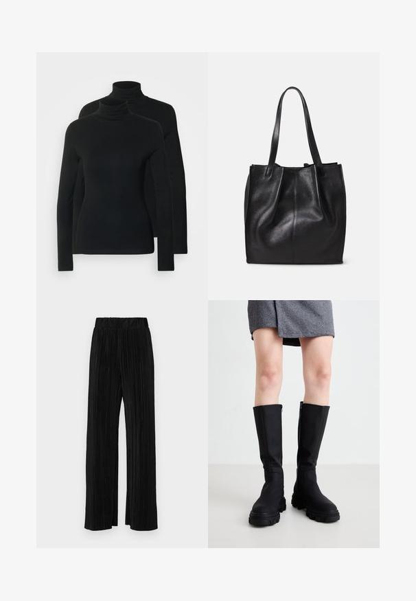 Dva dugačka majica s rolkragnom u čvrstoj crnoj boji, izrađena od meke, rastezljive tkanine s uskim krojem i bezšavnim izrezom.; Crne plisirane hlače s elastičnim pojasom. Imaju široke nogavice i glatku, teksturiranu tkaninu s vertikalnim prugama.; Crne čizmice do koljena s glatkom završnom obradom, debelim potplatima i diskretnim bočnim patentnim zatvaračem. Modno uparene s sivoj suknjom od riblje kosti.; Crna kožna torba sa teksturiranom površinom, jednim odjeljkom i dvije duge drške. Mekan, nestrukturiran oblik bez vidljivih metalnih dijelova.
