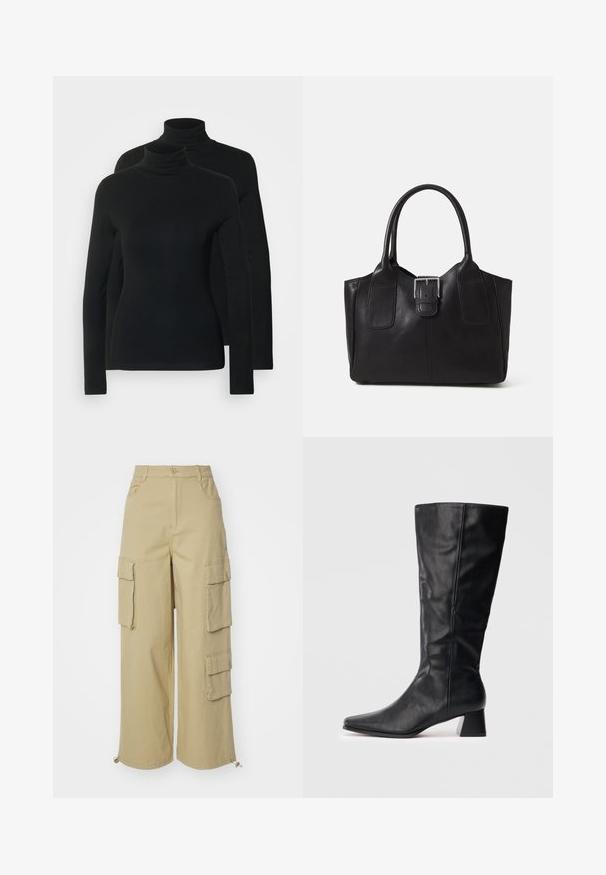Duas camisolas de gola alta de manga longa em preto sólido, feitas de um tecido macio e elástico com um design ajustado e um decote sem costuras.; Calças cargo bege com pernas largas, dois grandes bolsos laterais, bolsos frontais e um detalhe de cordão na barra. Tecido misto de algodão.; Bota de couro preta até ao meio da panturrilha, com bico apontado e salto quadrado, sobre um fundo claro liso.; Bolsa tote de couro preta com textura suave, forma estruturada, duas alças e um destaque prateado proeminente na parte da frente.