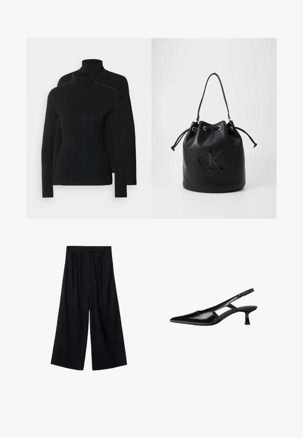 Kaksi pitkähihaista poolopaitaa, jotka ovat täysin mustia, valmistettu pehmeästä ja joustavasta kankaasta, joka on vartaloon myötäilevä ja saumaton kaula-aukko.; Mustat leveälahkeiset housut, jotka on valmistettu kevyestä kankaasta. Housuissa on korkea vyötärö ja laskokset, jotka lisäävät tekstuuria ja liikkuvuutta.; Mustat lakatut nahkakengät, joissa on viistopää, leikattu sivusuunnassa ja pieni neliökoroke. Sujuva pinta, jossa on minimaalinen koristelu.; Musta nahkainen ämpärilaukku, jossa on kiristysnauha, etuosassa kiiltävä "CK"-logo ja kultasävytetyt yksityiskohdat.