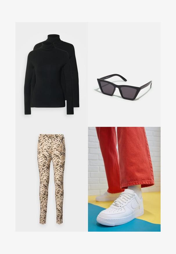 Deux turtlenecks à manches longues de couleur noire unie, fabriqués dans un tissu doux et extensible avec une coupe ajustée et un col sans couture.; Leggings imprimés serpent en beige et noir avec un design ajusté, dotés d'une texture lisse et d'une taille extensible pour plus de confort.; Baskets blanches en cuir avec une boîte à orteils perforée, semelle texturée et lacets blancs, associées à un large pantalon rouge et un fond bleu et jaune.; Lunettes noires angulaires avec des verres gris ; fabriquées en plastique, avec des branches épaisses à la surface lisse et sans matériel visible.