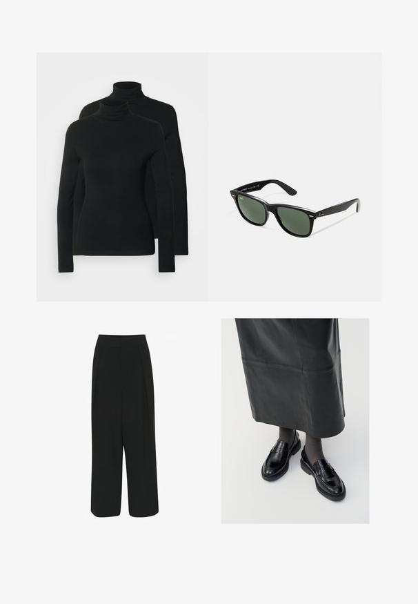 Dvě dlouhé roláky v jedné barvě černé, vyrobené z měkké a elastické látky s přiléhavým střihem a bezšvým výstřihem.; Černé široké kalhoty s pasem, se dvěma předními sklady a hladkým, netexturovaným materiálem. Bez viditelných kapes nebo ozdob.; Černé kožené polobotky s hladkým povrchem, zdobené páskem, s kulatou špičkou a texturovanou podrážkou. Nosené s dlouhou černou koženou sukní.; Černé plastové sluneční brýle se zelenými skly, čtvercové obroučky, stříbrný detail na obočí a texturované stranice. Značka uvedená na vnitřní straně stranic.