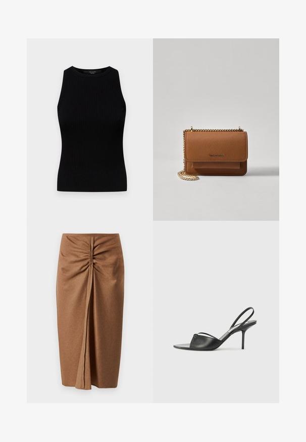 Weekend Max Mara OLIMPO - Top - nero; Hnedá midi sukňa so soft textúrou, s bočným riasením a predným rozparkom. Jednoduchý dizajn s hladkým povrchom a bez ozdôb.; Čierne kožené sandále na podpätku s ostrou špičkou, tenkým členkovým remienkom a stiletto podpätkom. Obsahujú uzlový detail na hornej časti.; Hnedá textúrovaná kožená taška cez telo s zlatým reťazovým popruhom a preklopným uzáverom. Predná strana obsahuje detail s logom a vrecko pod preklopkou.