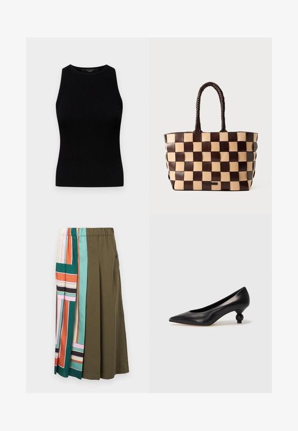 Weekend Max Mara OLIMPO - Viršus - nero; Kelių ilgio sijonas su elastinga juosta; vienspalvis alyvuogių žalias audinys, sumaišytas su spalvingais geometriniais raštais viename šone.; Juoda odinė aukštakulnė bateliai su smailiu pirštu ir apvaliu, iškiliu kulnu. Lygus paviršius su elegantišku, minimalistiniu dizainu.; Ruda ir smėlio spalvos odinė pirkinių rankinė, su pintu langelių raštu ir pintomis rankenomis, ant balto fono.