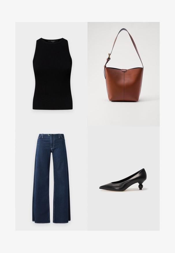 Weekend Max Mara OLIMPO - Top - nero; Wide-leg denim jeans in dark blue with visible stitching, front pockets, and a button closure. Made from a sturdy denim fabric.; Black leather high heel shoe with a pointed toe and a round, balled heel. Smooth texture with a sleek, minimal design.; Brown leather shoulder bag with a curved shape, smooth texture, and a single thin strap. Features a subtle seam and a small logo detail.