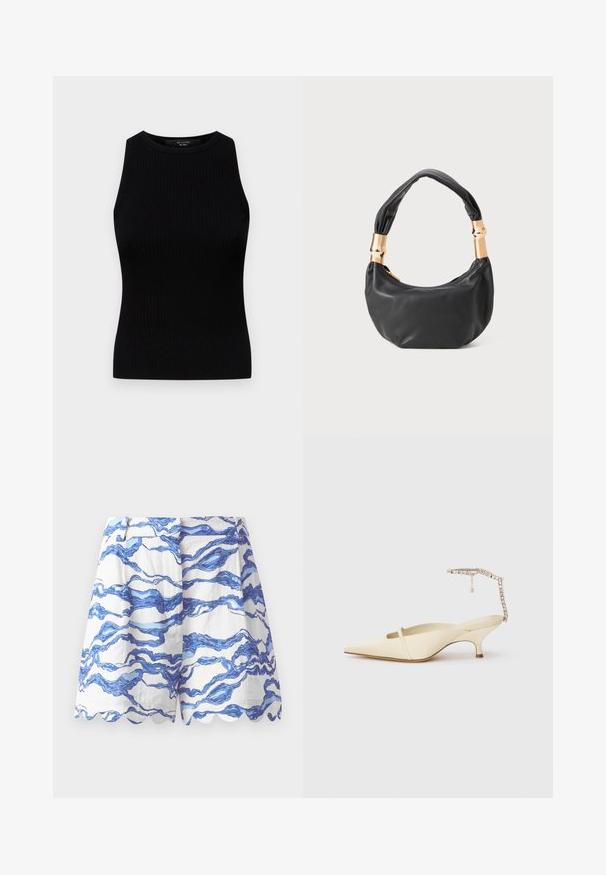 Weekend Max Mara OLIMPO - Tops - nero; Baltas šorti ar zilu viļņu rakstu, viļņota apakšmala, viegla auduma, ar krokām priekšpusē un brīva piegriezuma. Piemēroti ikdienas valkāšanai.; Krēma nokārtojošā papēža kurpe ar smailo purngalu, plānu priekšējo siksnu un rotājošo potītes siksniņu uz baltā fona.; Melnas ādas rokassoma ar apaļu formu, mīkstu tekstūru un mezgla rokturi, kas rotāts ar zelta tonētiem aksesuāriem. Ar rāvējslēdzēja aizdari.