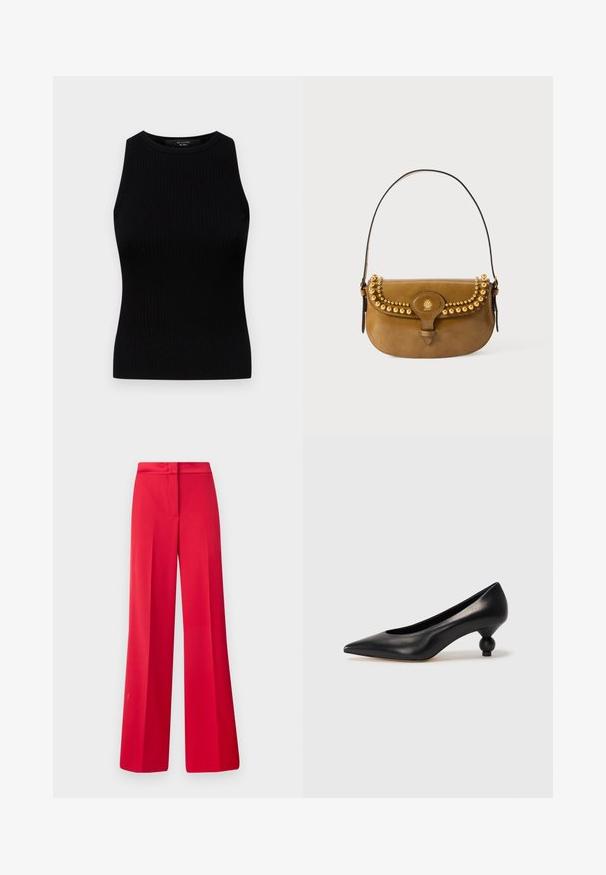 Weekend Max Mara OLIMPO - Toppi - nero; Punaiset leveät housut sileällä pinnalla, litteällä vyötäröllä ja rakenteellisella muotoilulla, joissa on laskokset edessä ja räätälöity muoto.; Musta nahkakengät korkealla korolla, joissa on terävä kärki ja pyöreä, pallomainen korko. Sileä pinta ja tyylikäs, minimalistinen muotoilu.; Ruskean nahkainen käsilaukku, jossa on kaareva muotoilu. Laukussa on kultaiset niitit ylhäällä, lyhyt hihna ja solkikiinnitys.