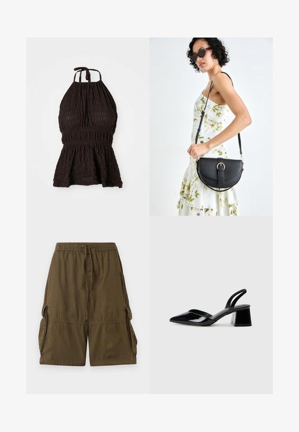 Must mustriga pehmendatud kanga ja smock-reevaga, reguleeritavate seotud õlavarstrappidega. Siluetti lisamiseks on peplumi disain.; Kerge kangast oliivrohelised cargo lühikesed püksid. Omavad elastset vööd, nööriga ja kahe külgmise cargo-taskuga.; Mustad musta lakknahk kingad, millel on terav varvas ja geomeetriline plokkkonts. Omab elegantselt minimalistlikku disaini ja sujuvat tekstuuri.; Mustmust mustraha kõverate joontega, eemaldatava rihmaga ja kuldsete detailidega. Kotil on klapp, millel on pandladetail.