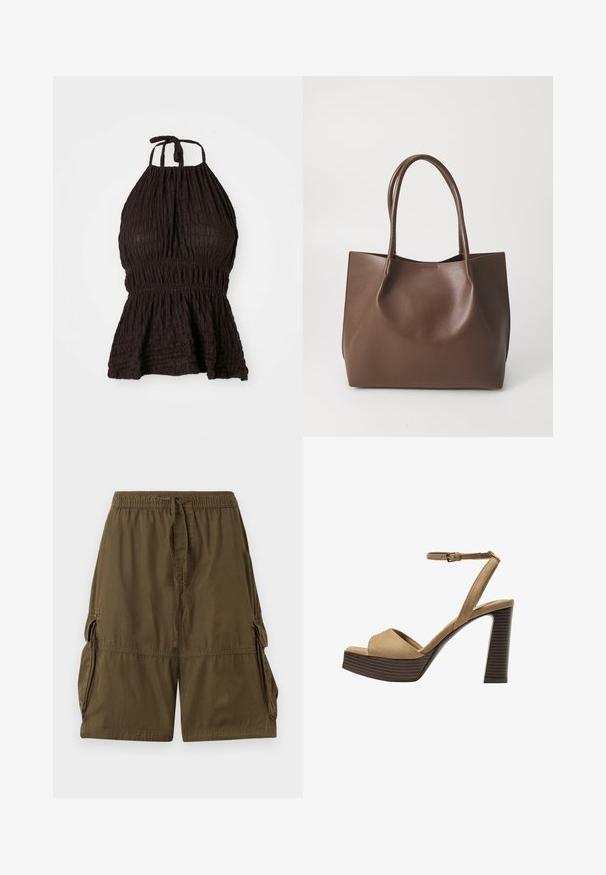 Top negru cu bretele tip halter, dintr-un material texturat, cu talie elastică și bretele ajustabile. Are un design peplum pentru un plus de formă.; Shorts cargo de culoare verde măsliniu, confecționați dintr-un material ușor. Dispun de un talie elastică, șnur de ajustare și două buzunare laterale tip cargo.; Sandale cu toc înalt din suede bej, cu o curea frontală lată și curea pentru glezna, având un toc bloc din lemn cu un finisaj texturat.; Geantă tote din piele maro, cu două mânere lungi, formă structurată, textură netedă și design minimal. Fără elemente sau accente vizibile.