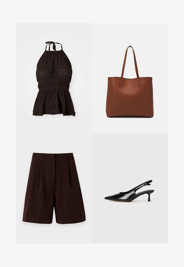 Svart halterneck-top med teksturert stoff, smocket midje og justerbare bånd. Har en peplum-design for ekstra fasong.; Brune shorts med et skreddersydd design med folder, laget av et glatt stoff. Avsluttet med linning og ingen synlige lommer.; Sorte patent lær slingback hæle med spids tå, tynd hæl og justerbar spænde. Glat tekstur med minimal detaljer.; Brun lær tote veske med en jevn tekstur, åpen toppdesign og to skulderstropper. Har minimal søm og ingen synlige spiker.