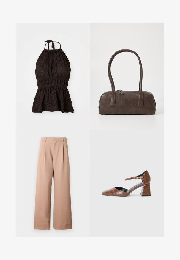 Haut halter noir avec tissu texturé, taille smockée et bretelles ajustables. Dispose d'un design peplum pour plus de forme.; Pantalons beige taille large avec passants de ceinture, plis à la taille et devant plat, présentés sur un fond blanc uni.; Escarpin en cuir verni marron avec un bout carré, motif croco texturé, bride de cheville avec boucle dorée et un talon épais.; Sac à main en cuir marron avec deux poignées robustes, de forme rectangulaire, texture lisse et fermeture zippée. Design minimaliste sans motifs visibles.