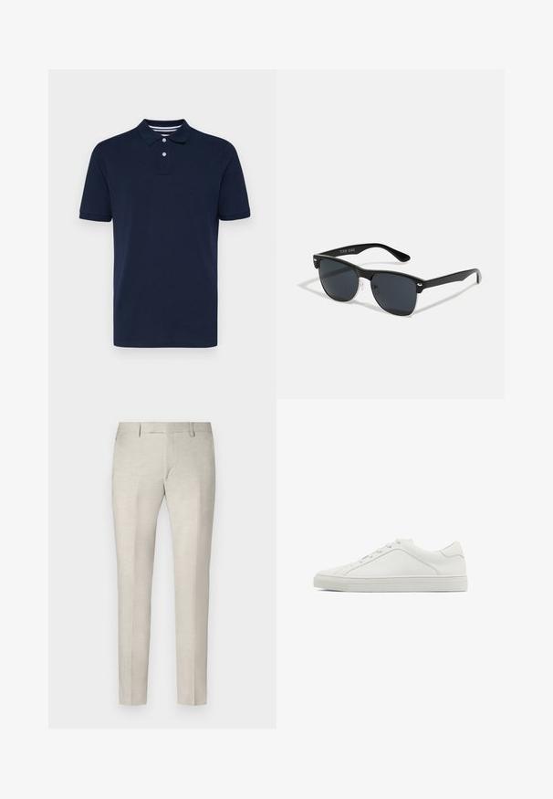 Dunkelblaues Poloshirt mit kurzen Ärmeln aus Baumwolle, mit einem kragenartigen Ausschnitt und drei Knöpfen sowie dezenten horizontalen Streifen am Kragen.; JOOP! Stoffhose - beige; Weiße Leder-Sneaker mit runder Zehenform, flacher Außensohle und minimalistischem Design. Verfügt über sechs Ösen und ein dezentes Nahtdetail an der Seite.; Schwarze Sonnenbrille mit rechteckiger Form, dunklen Gläsern, silbernen Akzenten an den Bügeln und mattierter Oberfläche des Rahmens.