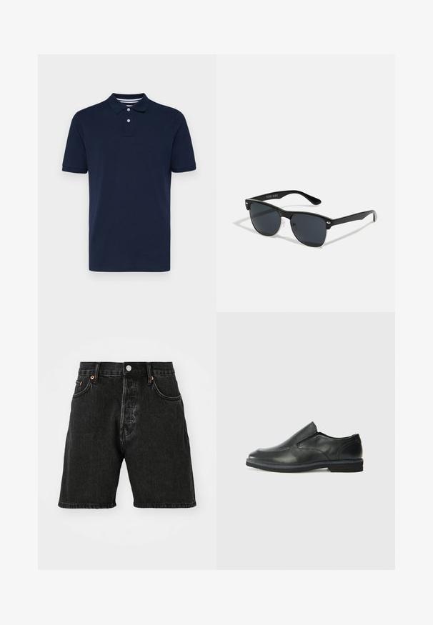 Polo de manga curta azul marinho feito de algodão, com um decote com gola e três botões e riscas horizontais subtis na gola.; Calções de ganga pretos com cintura alta, design de cinco bolsos, botões de cobre e bainha desfiada. O tecido tem uma ligeira textura com desbotamento.; Sapato slip-on preto em pele com um upper liso, acabamentos cosidos, bico arredondado e um salto de borracha baixo. A sola apresenta um padrão de aderência mínimo.; Óculos de sol pretos com forma retangular, lentes escuras, detalhes em prata nas hastes e um acabamento mate na armação.