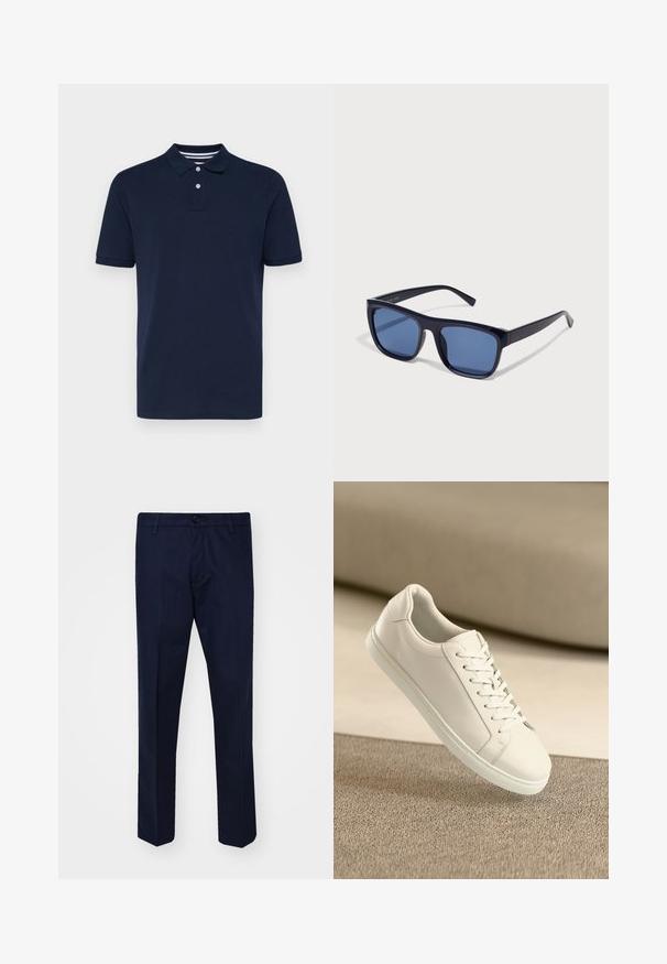 Polo majica kratkih rukava u mornarsko plavoj boji, izrađena od pamuka, sa ovratnikom i tri dugmeta, te suptilnim horizontalnim prugama na ovratniku.; Mornarske plave hlače od glatke tkanine, s ravnim nogavicama, zatvaranjem na dugme i prednjim džepovima.; Bijele kožne tenisice s bijelim vezicama, prikazane na bež teksturiranoj površini s blagim zamućenim pozadinom.; Crne plastične sunčane naočale s pravokutnim okvirom, plavim naočalima i tankim bočnim krakovima, s sjajnim premazom.