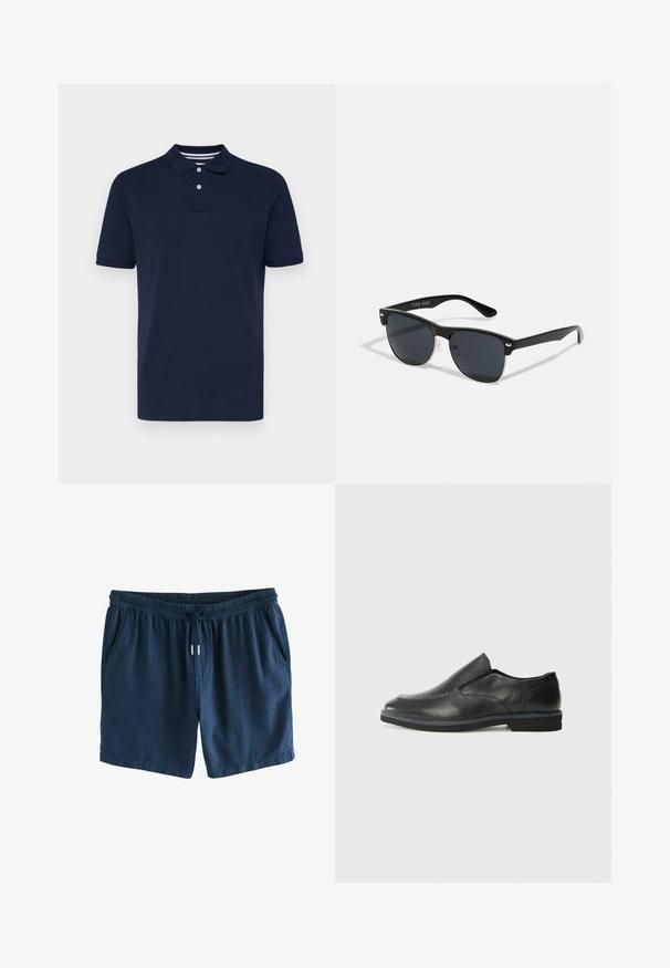 Polo shirt blu navy a maniche corte realizzato in cotone, con scollatura a polo con tre bottoni e sottili strisce orizzontali sul colletto.; Pantaloni short blu navy realizzati in un tessuto leggero. Presentano una vita elastica con coulisse e due tasche laterali. Design semplice.; Scarpa nera in pelle con inserto scivolare, superiore liscio, dettagli cuciti, punta arrotondata e tacco in gomma basso. La suola presenta un battistrada minimale.; Occhiali da sole neri con forma rettangolare, lenti scure, dettagli in argento alle tempie e finitura opaca sulla montatura.