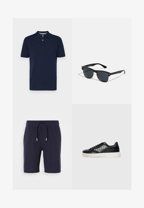 Polo de manga curta azul marinho feito de algodão, com um decote com gola e três botões e riscas horizontais subtis na gola.; Calções azul-marinho com um padrão texturizado, cintura elástica e fecho com cordão. Apresentam um corte descontraído e comprimento acima do joelho.; Tênis pretos com cabedal em couro texturizado com relevo de crocodilo, bico arredondado e sola de borracha branca em contraste, com acabamento suave.; Óculos de sol pretos com forma retangular, lentes escuras, detalhes em prata nas hastes e um acabamento mate na armação.