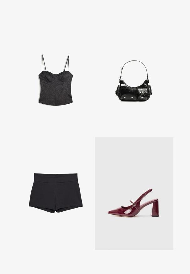 Schwarzes Bustier mit verstellbaren Spaghetti-Trägern, das mit einem strukturierten Leopardenmuster und einem gefächerten Design versehen ist.; Schwarze, enganliegende Shorts mit einem breiten Taillenbund, aus einem weichen, elastischen Stoff. Die Saumkanten sind glatt ohne sichtbare Verschlüsse oder Muster.; Burgunderfarbene Lackleder-Slingback-Absätze mit spitzem Zehenbereich und mittelhohem Blockabsatz. Mit einem Schnallenriemen und einer glatten, glänzenden Oberfläche.; Schwarze Lackleder-Handtasche mit geschwungenem Design, einem Schulterriemen, Vordertaschen und silberfarbenen Hardware-Akzenten.