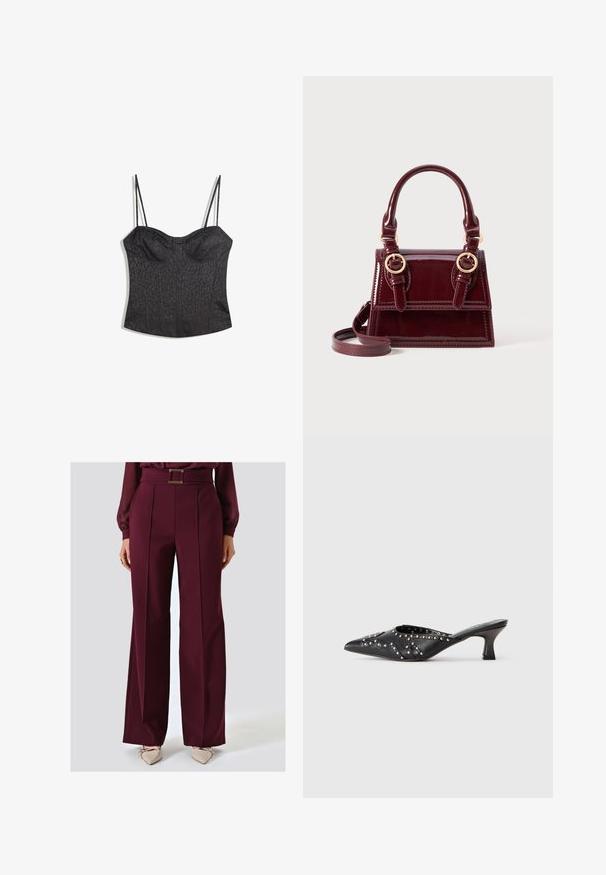 Schwarzes Bustier mit verstellbaren Spaghetti-Trägern, das mit einem strukturierten Leopardenmuster und einem gefächerten Design versehen ist.; Bordeauxfarbene Weitbein-Hosen mit einem taillierten Bund, Falten auf der Vorderseite und glattem Stoff. Kombiniert mit beigen, spitzen Schuhen.; Schwarze Leder-Mules mit spitzem Schnitt, verziert mit gestuften dekorativen Mustern und einem kurzen, schrägen Kitten-Heel.; Burgunderfarbene Lackleder-Handtasche mit doppelten Tragegriffen, goldenen Hardware-Akzenten und abnehmbarem Schulterriemen. Rechteckige Form mit kontrastierendem Stiching.; Goldenes rechteckiges Armbanduhr mit einem strukturierten hellgrünen Zifferblatt, zwei schwarzen Stundenmarkierungen, einem goldenen Metallarmband und einem minimalistischen Design.