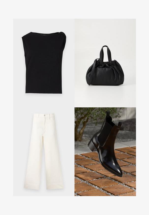 Must be pime mustaga lühikese varrukaga topp, mis on valmistatud sileda kangaga. Omab ringikujulist kaeluse ja õlariba detaili. Lihtne, keha järgiv disain.; Laiad püksid heleses puuvillas. Omavad kõrget vööd, ees on taskud ja sirge lõige. Puhtad ääred ilma mustriteta.; Mustaläikivast päkaga Chelsea saabas, millel on terav varvas, elastsed külg- ja chunky kand, asetatud kivist ja puidust mustriga pinnale.; Mustmust mustkott mustrihmaga ülaosa disainiga, millel on kaks lühikest käepidet ja pikk reguleeritav rihm. Sile tekstuur, ümar kuju.