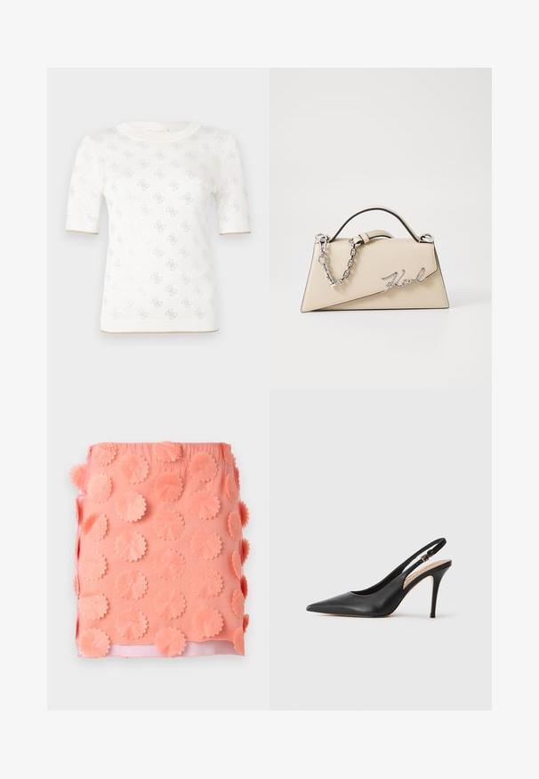 Kötött fehér rövid ujjú felső finom mintával, kerek nyakkivágással és arany részlettel az alján. A textúra könnyűnek és lélegzőnek tűnik.; Korall szoknya textúrált felülettel, kör alakú szövetapplikációkkal. Rugalmas derékpánt és sima belső bélés.; Fekete bőr, slingback stílusú, magassarkú cipő, hegyes orral, sima felülettel, és egy finom pánttal, amelyen fémből készült csat található.; Beige bőrtáska, struktúrált, háromszögletű formával, ezüst lánc fogantyúval és fém, írott logóval.