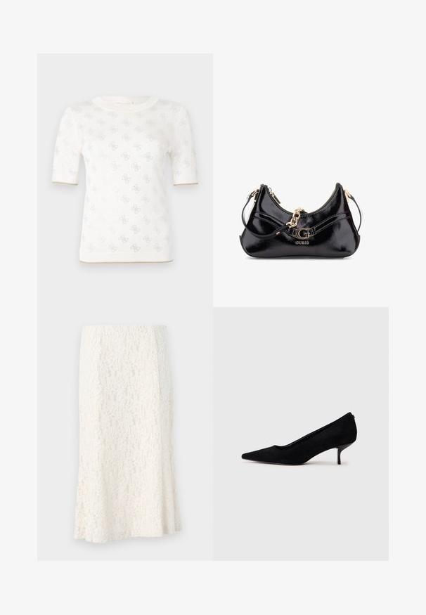 Mezgamas baltas trumpomis rankovėmis palaidinės su subtiliu raštu, apvaliu iškirpimu ir auksiniu akcentu apatinėje dalyje. Audinys atrodo lengvas ir kvėpuojantis.; Kreminė nėrinių midi sijonas, turintis sudėtingą gėlių raštą, prigludusi juosmeniu ir išplatintais pakraščiais. Lengvas, tekstūruotas audinys su švelniu blizgesiu.; Juodas zomšinis aukštakulnis batus su smailiu kojų pirštu ir plonu, žemu kulnu. Lygi tekstūra su elegantišku dizainu, be matomų metalinių detalių.; Juodas lakinės odos maišelis su išlenktu dizainu, auksiniais aksesuarais ir ryškiu logotipu. Komplektuojamas su nuimamu peties diržu.