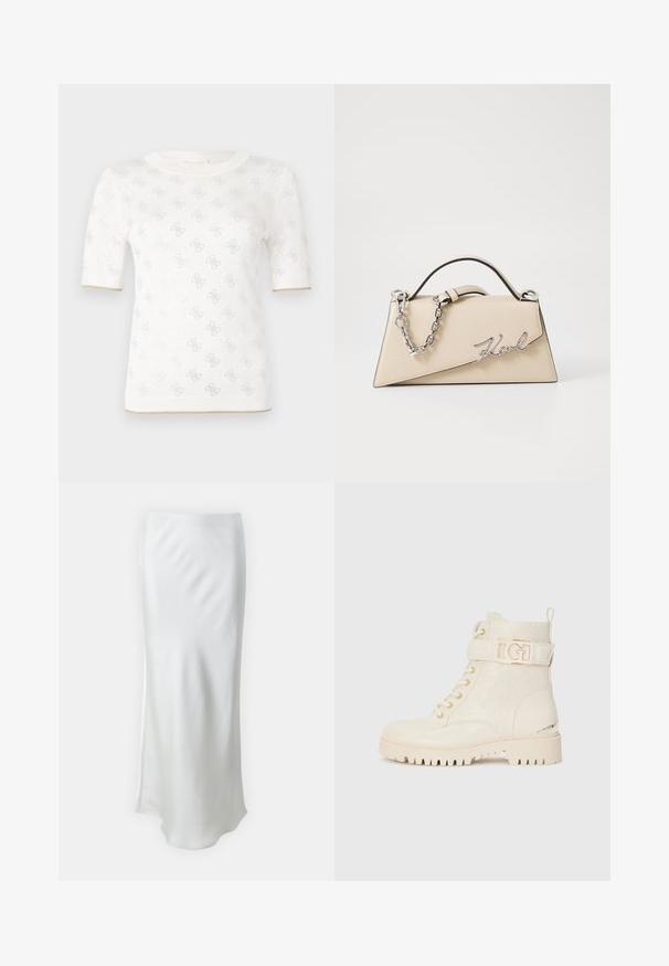 Pletený bílý top s krátkým rukávem a jemným vzorem, s kulatým výstřihem a zlatým akcentem na lemu. Textura vypadá lehce a prodyšně.; Samsøe Samsøe AGNETA SKIRT - Áčková sukně - solitary star; Bílé kotníkové boty s květinovým embosovaným vzorem, šněrovacím uzávěrem, bočním páskem s zlatým logem a robustní podrážkou pro trakci.; Béžová kožená kabelka se strukturovaným trojúhelníkovým tvarem, se stříbrným řetízkem a kovovým logem psaným kurzívou.