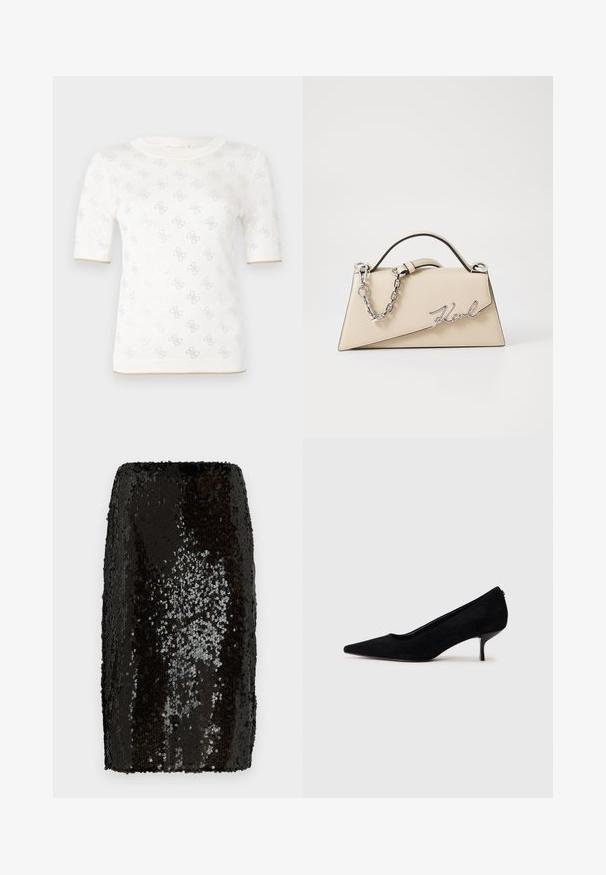 Kötött fehér rövid ujjú felső finom mintával, kerek nyakkivágással és arany részlettel az alján. A textúra könnyűnek és lélegzőnek tűnik.; Fekete, flitterezett ceruzaszoknya, amely szoros szabású. Sűrű, fényes flitterek borítják, texturált felületet kialakítva. Simább belső bélés.; Fekete velúr magassarkú cipő hegyes orral és vékony, alacsony sarokkal. Simább textúrájú, letisztult dizájn, amelyen nincsenek látható fém alkatrészek.; Beige bőrtáska, struktúrált, háromszögletű formával, ezüst lánc fogantyúval és fém, írott logóval.