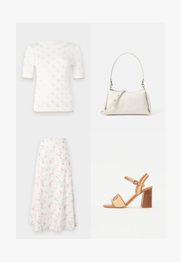 Knitted white short-sleeve top with subtle pattern, featuring a round neckline and gold accent at the hem. texture appears lightweight and breathable.; Floral midi skirt in white fabric, featuring a watercolor pattern of pink and gray flowers, flared design, and smooth texture.; Brown leather and woven straw heeled sandals, featuring an ankle strap, open toe, and a chunky wood-like heel with horizontal stripes.; White handbag with smooth texture, curved silhouette, and adjustable shoulder strap. Features subtle logo pattern and silver hardware accents.