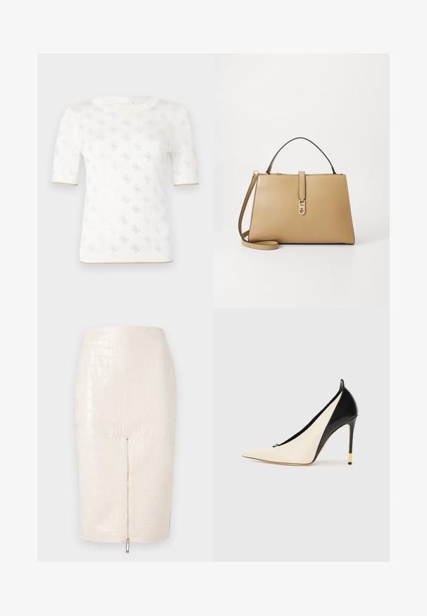 Pletený biely krátky rukáv top s jemným vzorom, vybavený okrúhlym výstrihom a zlatým akcentom na okraji. Textúra vyzerá ľahučko a priedušne.; Kryté kožené ceruzkové sukne s kroko vzorom v krémovej farbe, s uzáverom na zips na zadnej strane a hladkým, lesklým povrchom.; Lodičkové topánky s špicatou špičkou vyrobené z čiernej lakovanej kože a krémovej kože. Obsahujú zlatom akcentovaný opätok a elegantný dizajn.; Tommy Hilfiger LIBRE SATCHEL - Kabelka - safari