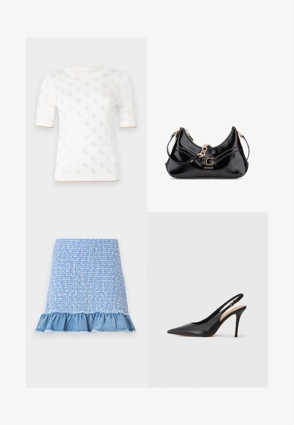 Mezgamas baltas trumpomis rankovėmis palaidinės su subtiliu raštu, apvaliu iškirpimu ir auksiniu akcentu apatinėje dalyje. Audinys atrodo lengvas ir kvėpuojantis.; Šviesiai mėlyna tweed sijonas su raukšlėtu džinsiniu kraštu, pasižymintis tekstūruotu raštu ir suplėšytais kraštais, sukuriantis sluoksniuotą išvaizdą.; Juoda odinė slingback aukštakulnė batai su smailiu pirštu, glotnia tekstūra ir delikatia juosta su metaline sagtimi.; Juodas lakinės odos maišelis su išlenktu dizainu, auksiniais aksesuarais ir ryškiu logotipu. Komplektuojamas su nuimamu peties diržu.
