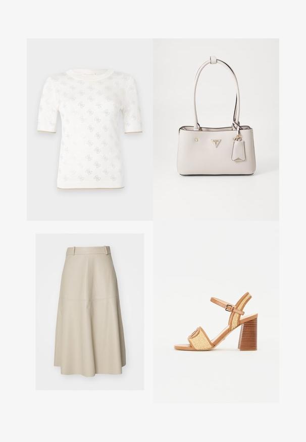 Top de punto blanco de manga corta con un patrón sutil, que presenta un escote redondo y un acento dorado en el dobladillo. La textura parece ligera y transpirable.; Falda A-line de cuero beige con una cinturilla ajustada, textura sutil y detalles de costura, que llega hasta la mitad de la pantorrilla.; Sandalias de tacón de cuero marrón y paja trenzada, con una correa en el tobillo, punta abierta y un tacón grueso parecido a la madera con rayas horizontales.; Bolso de mano de imitación cuero beige con textura suave, doble asa para el hombro, herrajes dorados, placa con el logo y una etiqueta adjunta.
