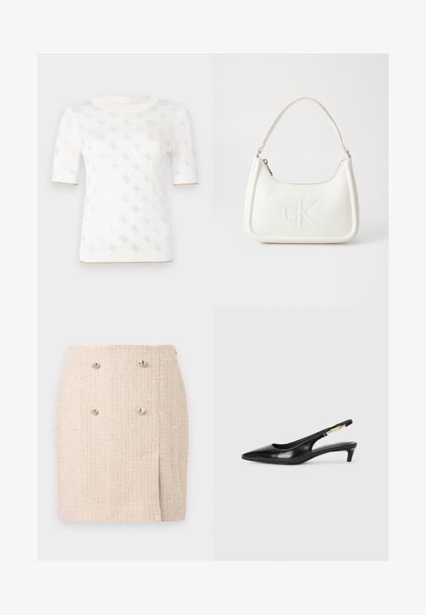 Top de punto blanco de manga corta con un patrón sutil, que presenta un escote redondo y un acento dorado en el dobladillo. La textura parece ligera y transpirable.; Falda texturizada beige con un patrón tejido, que presenta dos botones plateados prominentes en la parte delantera y un dobladillo ligeramente asimétrico.; Tacones negros de piel sintética tipo slingback con punta afilada, que cuentan con un tacón delgado y un detalle en tono dorado en la correa ajustable. Textura suave.; Bolso de mano de cuero blanco con forma curvada, con un logo "CK" en relieve en la parte delantera y una sola correa para el hombro. Cierre de cremallera en la parte superior.