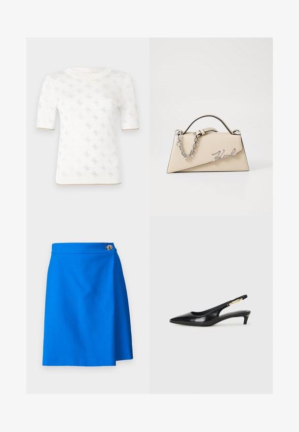 Kötött fehér rövid ujjú felső finom mintával, kerek nyakkivágással és arany részlettel az alján. A textúra könnyűnek és lélegzőnek tűnik.; Kék, sima textúrájú, A-vonalú rövid szoknya, az övrészén ezüst gomb díszítéssel, amely testhezálló megjelenést kölcsönöz.; Fekete bőr slingback magassarkúk, hegyes orral, vékony sarkakkal és arany színű részlettel a állítható pánton. Simа felület.; Beige bőrtáska, struktúrált, háromszögletű formával, ezüst lánc fogantyúval és fém, írott logóval.