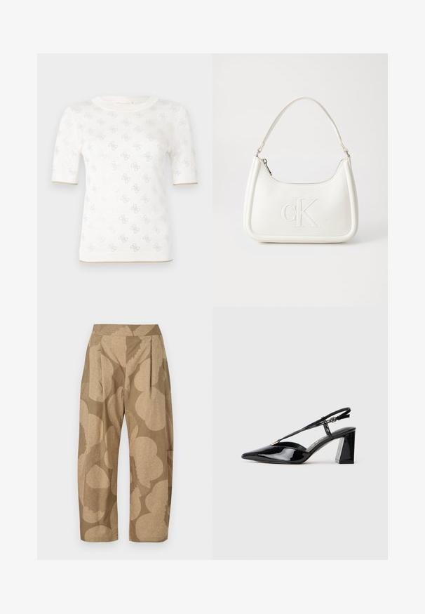 Knitted white short-sleeve top with subtle pattern, featuring a round neckline and gold accent at the hem. texture appears lightweight and breathable.; Beige trousers with a large floral pattern in lighter shades. Features a high waist, pleats, and a relaxed fit. Made from lightweight fabric.; Black patent leather slingback high-heeled shoes with a pointed toe, adjustable strap, and chunky rectangular heel.; White leather handbag with a curved shape, featuring an embossed "CK" logo on the front and a single shoulder strap. Zipper closure at top.