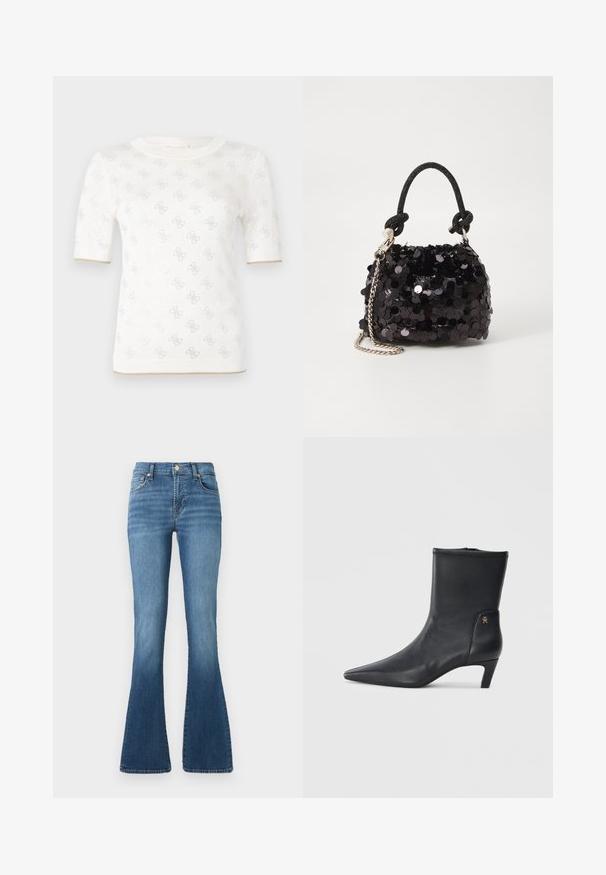 Gebreide witte top met korte mouwen en een subtiel patroon, met een ronde halslijn en een gouden accent aan de zoom. De stof lijkt lichtgewicht en ademend.; Blauwe denim flared jeans met een hoge taille, voorzien van een sluiting met een knoop aan de voorkant, subtiele wassing en een gladde, zachte textuur.; Zwarte leren enkellaarsjes met een spitse neus en een lage hak. Heeft een gladde textuur en een kleine gouden logo-detail aan de zijkant.; Zwarte pailletten mini handtas met een geknoopte textuurriem en zilveren ketting. Rondvormig met een geplooide bovenkant en reflecterende details.