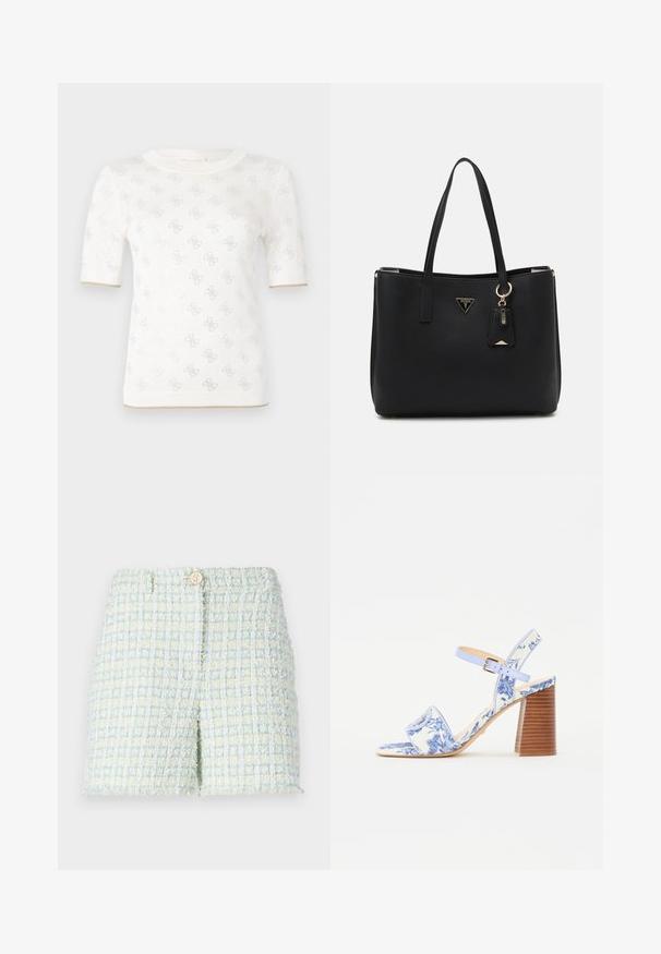 Mezgamas baltas trumpomis rankovėmis palaidinės su subtiliu raštu, apvaliu iškirpimu ir auksiniu akcentu apatinėje dalyje. Audinys atrodo lengvas ir kvėpuojantis.; Šviesiai mėlyni ir šviesiai geltoni tweed šortai su tekstūruotu tinklo raštu. Su priekiniais sagčių užsegimais ir pritaikyta siluetu.; Mėlynos gėlėtos šlepetės su kvadratiniu pirštu, plačia juostele ir reguliuojama kulkšniai, turi struktūruotą medinį blokinį kulną.; Juodas pirkinių krepšys, pagamintas iš tekstūruotos sintetinės medžiagos, su dviem rankenomis, auksine logotipo plokšte ir maža etikete su akcentu.