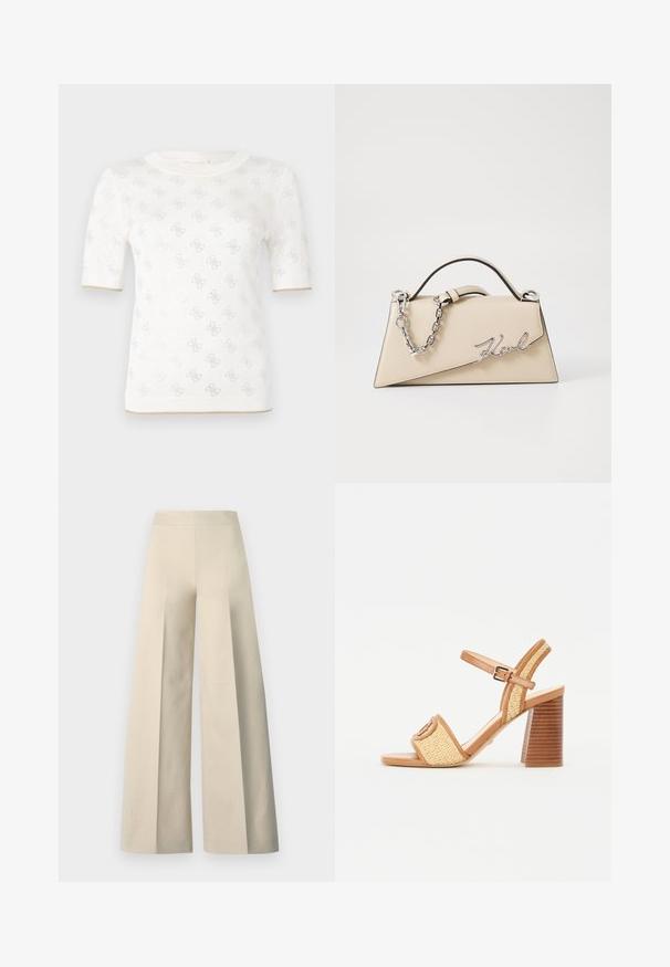 Tricou alb cu mânecă scurtă, tricotat, cu un model subtil, având un guler rotund și un accent auriu la tiv. Textura pare ușoară și respirabilă.; Pantaloni bej cu croi larg, dintr-un material neted, cu talie înaltă și pliu adânc pe față. Prezintă un croi larg și fluid.; Sandale cu toc din piele maro și paie împletite, având curea la gleznă, vârf deschis și un toc gros, asemănător lemnului, cu dungi orizontale.; Geantă din piele bej, cu o formă structurată, triangulară, având un mâner din lanț argintiu și un logo cursiv din metal.