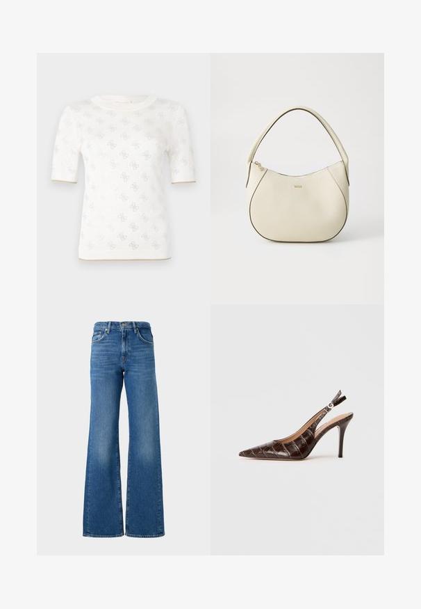 Strikket hvid kortærmet top med subtile mønstre, der har en rund halsudskæring og et guldaccent ved kanten. Teksturen fremstår let og åndbar.; Bredde ben blå jeans med en falmet finish, lavet af denim, med et klassisk fem-lomme design og messingknap lukning i taljen.; Brun, krokodillepræget læder slingback-pumpe med spids tå, åbne sider og en tynd høj hæl. Designet med en spændejustering.; Cremefarvet håndtaske med tekstureret finish, buet form, kort håndtag og guldfarvet logo-detalje. Lynlås lukning øverst.
