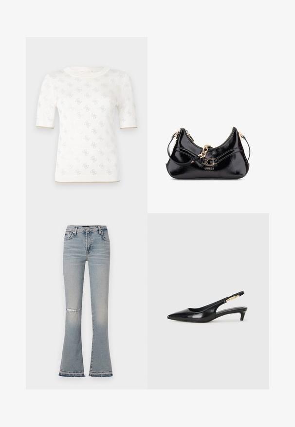 Kötött fehér rövid ujjú felső finom mintával, kerek nyakkivágással és arany részlettel az alján. A textúra könnyűnek és lélegzőnek tűnik.; Világoskék harangnadrág, koptatott térddel, öt zsebbel és rojtos szegéllyel. Farmer anyagból készült, közepes derékkal.; Fekete bőr slingback magassarkúk, hegyes orral, vékony sarkakkal és arany színű részlettel a állítható pánton. Simа felület.; Fekete lakkbőr táska íves kialakítással, aranyszínű fémrészletekkel és egy hangsúlyos logóval. Tartalmaz egy levehető vállpántot.