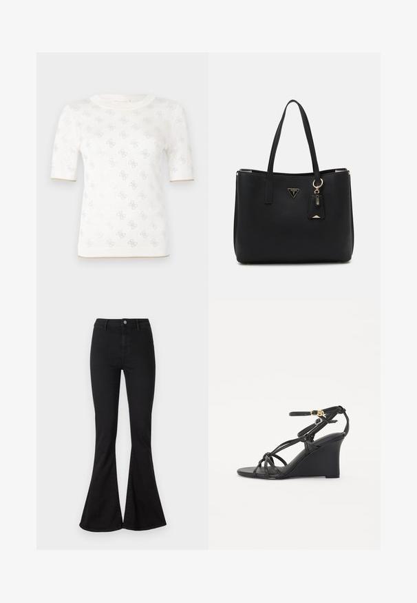 Tricou alb cu mânecă scurtă, tricotat, cu un model subtil, având un guler rotund și un accent auriu la tiv. Textura pare ușoară și respirabilă.; Jeanși negri evazați din denim, cu talie ajustată, închidere cu fermoar și nasture, și evazare pronunțată la gleznă.; Sandale negre cu toc wedge, cu barete subțiri care se încrucișează și o curea ajustabilă pentru gleznă, cu o cataramă aurie. Finisaj din piele netedă.; Geantă tote neagră din material sintetic texturat, având două mânere, un placaj cu logo auriu și un etichetă mică cu un detaliu de accent.